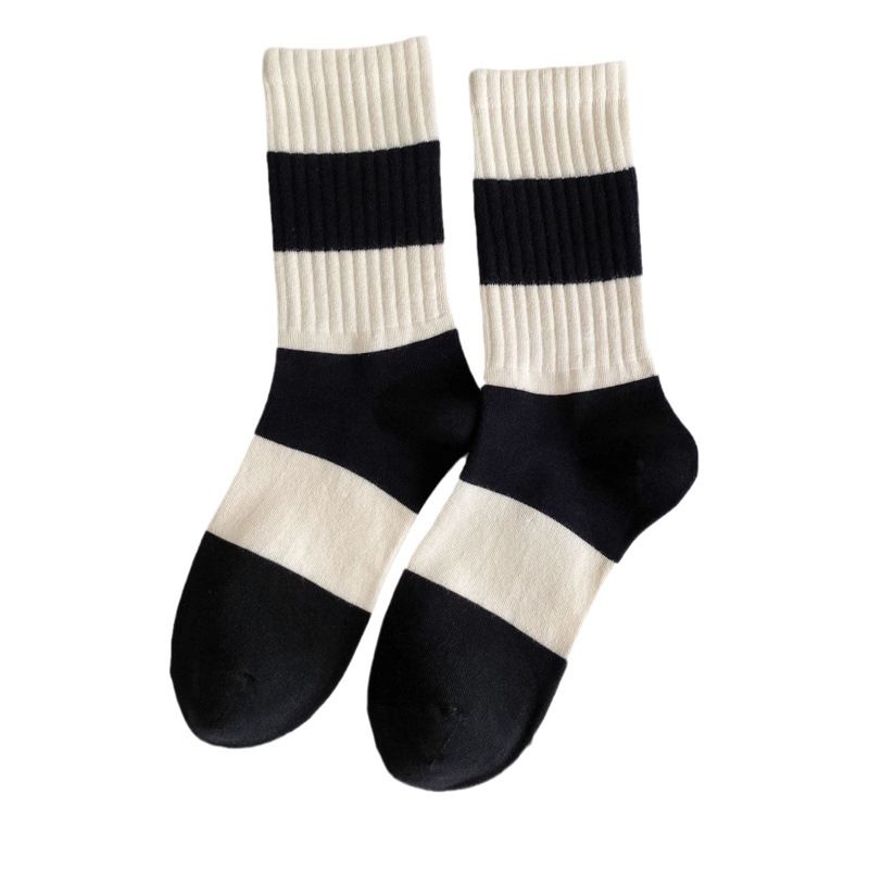 Autumn new black and white striped women's mid-calf socks embroidered letters fashion women's socks Japanese style pile socks cotton socks