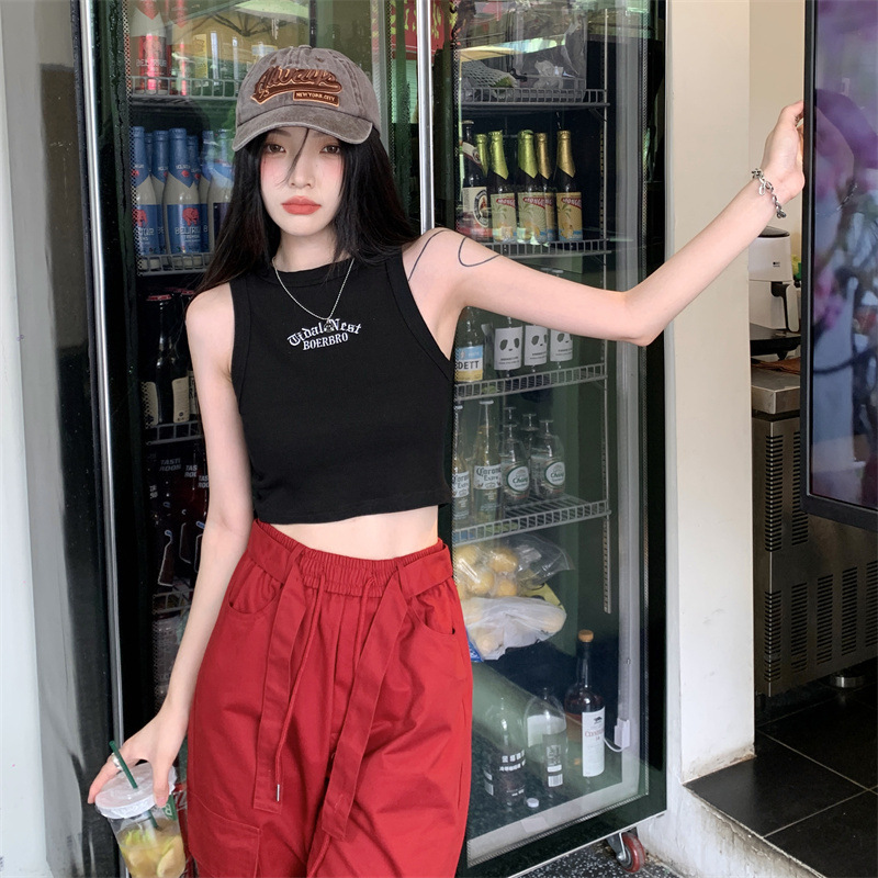 Sexy Short I-Shaped Black Inner Embroidered Vest 2025 Summer Sexy Slim Outer Wear Sleeveless Suspender for Women