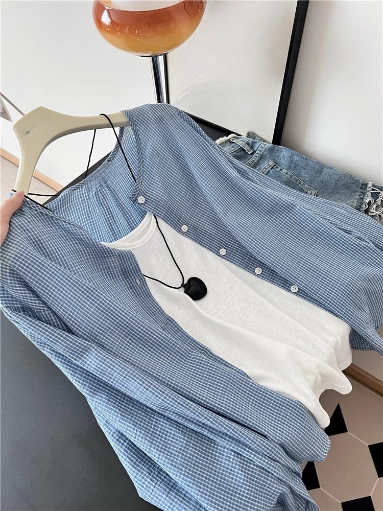 Picture of Korean Style Lazy Style Blue Plaid Long-Sleeved Sun Protection Shirt for Women Summer New Loose Shirt Casual Thin Top