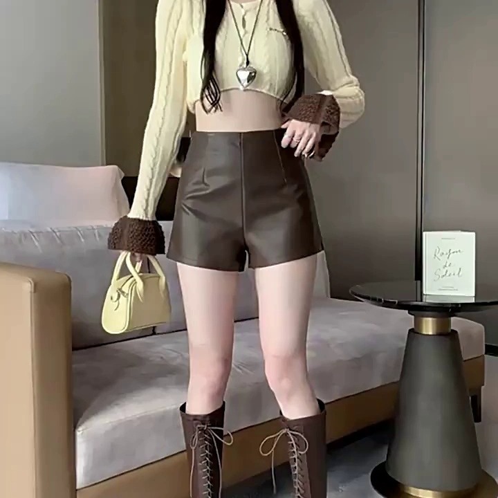 Casual PU leather shorts for women autumn and winter New outerwear small high waist stretch slimming versatile A- line hot girl boot pants