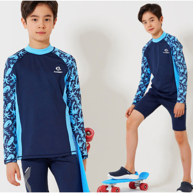 New Children's Swimsuit Long Sleeve Boys' Middle and Big Children's Split Boxer Lengthened Swimsuit Sun-proof Quick-drying Swimsuit Swimming Cap