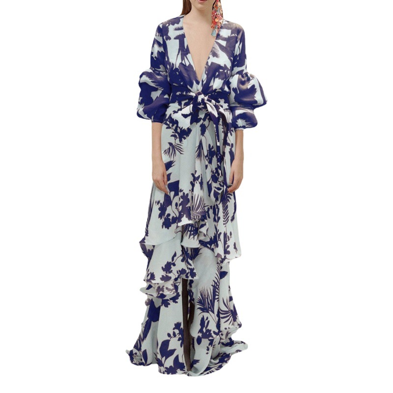 European and American fashion printed chiffon dress women's summer high waist elegant long skirt irregular holiday style commuter skirt fashion