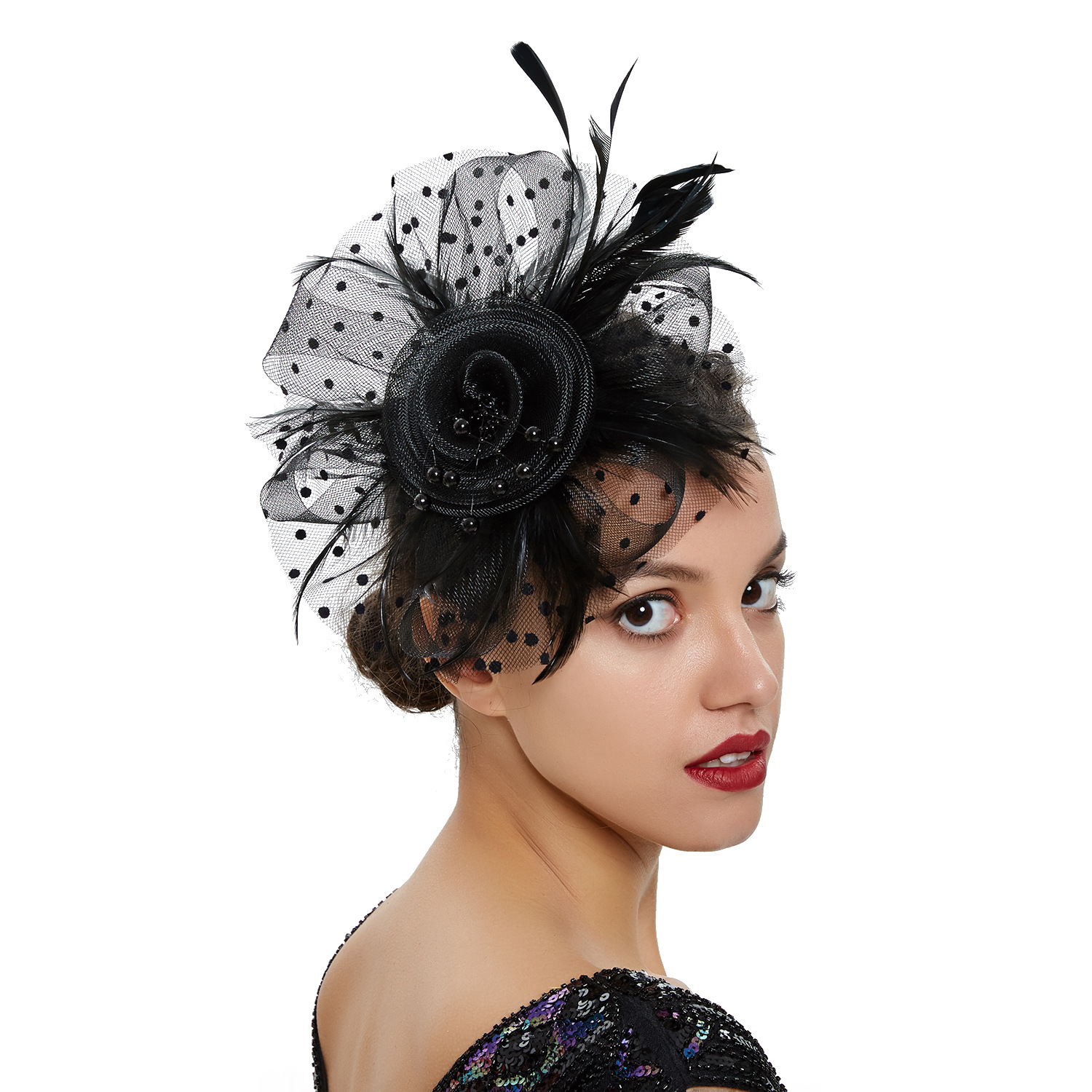 Picture of European and American Popular Amazon Feather Headdress Bridal Hair Accessories Mesh Top Hat Jockey Club Hair Accessories Hairpin Headband