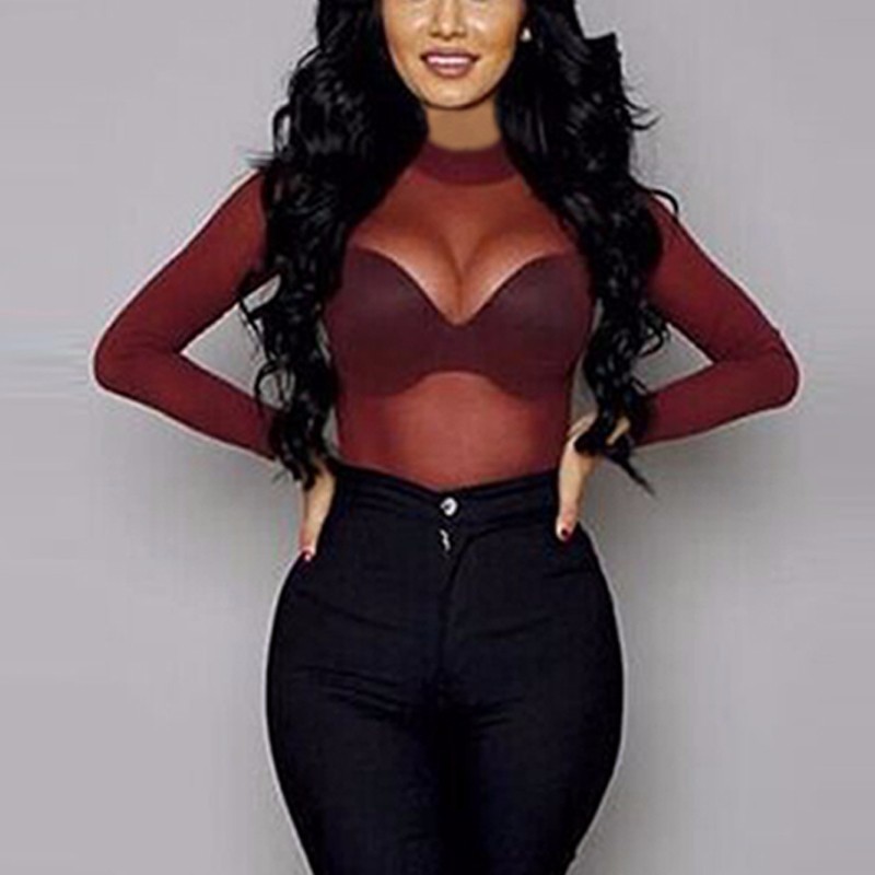Picture of Autumn 2023 Black Transparent Mesh Base Shirt Women's Long-sleeved Sexy Perspective Thin Mesh Shirt Super-stretch Shirt