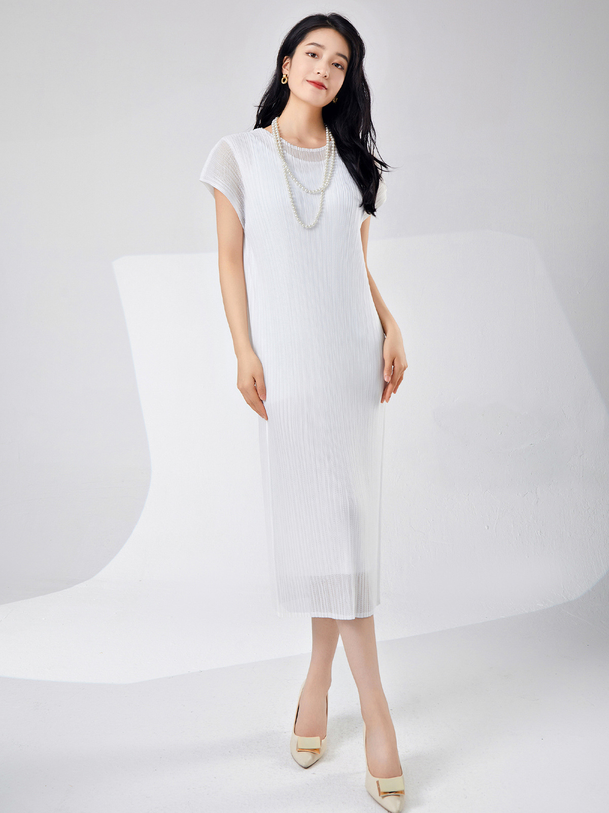 Fairy Style Women's dress Summer Women's Gentle Mesh Double-Layer Breathable White Simple Fashion Pleated Mid-Length Skirt