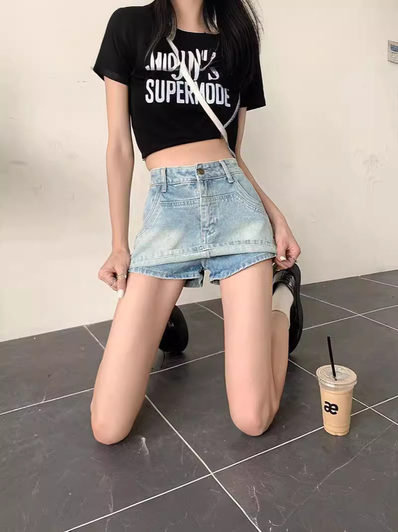 Retro Denim Short Skirt A- Shaped Retro Skirt Hip Skirt High Waist Hip Covering Anti-Light Denim Culottes for Women