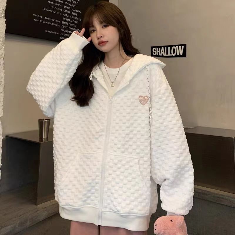 Picture of High Street Hiphop Waffle Heart Sweatshirt Women's Spring & Fall Loose Ins Lazy Style Thin Student Large Size Jacket