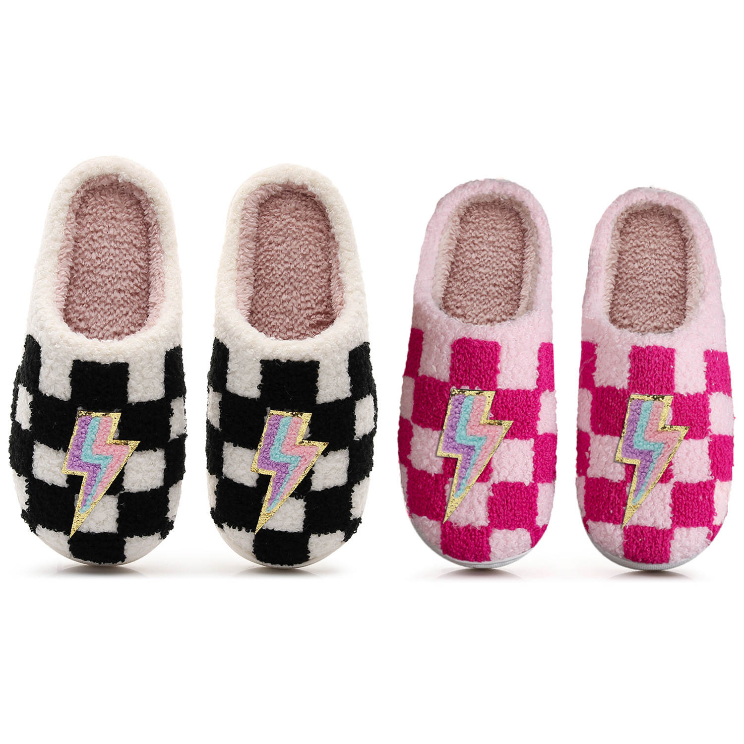 Cross-border New Glitt Lightning Plaid Cotton Slippers Women's Autumn and Winter Holiday Gift Warm Woolen Slippers temu Hair
