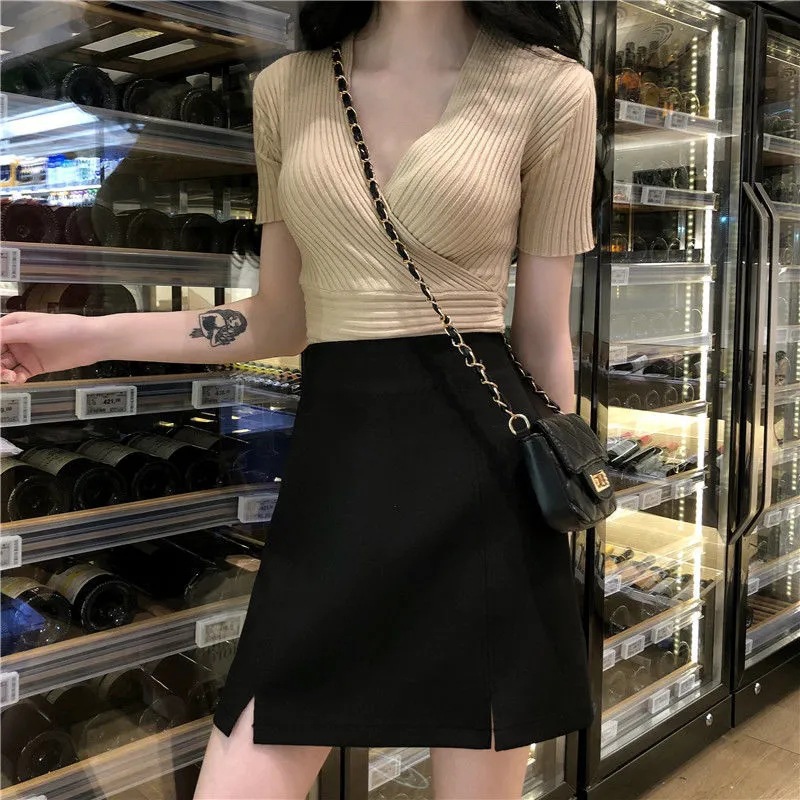 Black Summer 20-pack Hip Skirt Women's New Slim-fit 22 Anti-glare Skirt Short Skirt A- shape High Waist Split plus size