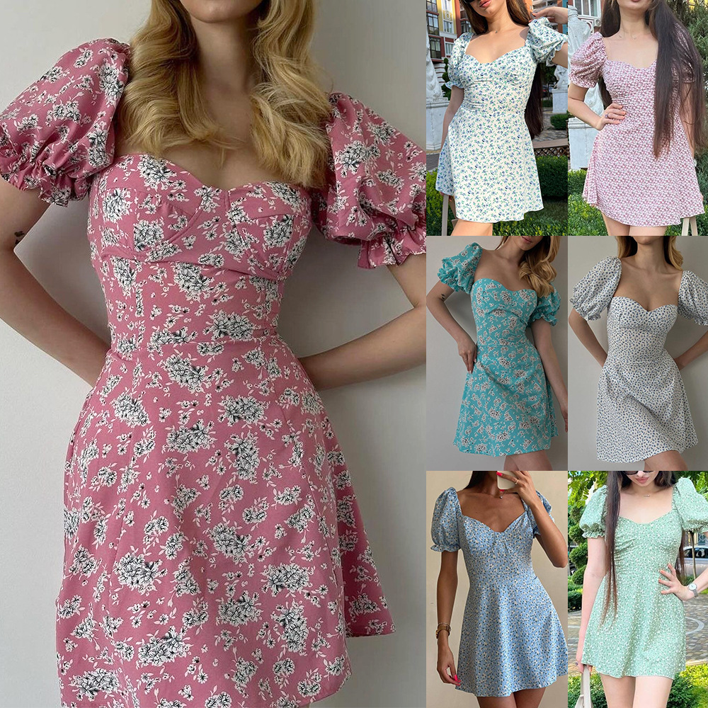 Picture of 2025 spring and summer clothing European and American Amazon foreign trade women's lace-up retro floral high waist bubble sleeve French dress