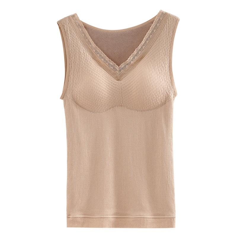 Lace Thermal Vest for Women with Chest Pads, Autumn and Winter Fleece-Lined, Thickened, Self-Heating, Body-Shaping Inner Top, Base Layer, Tight-Fitting