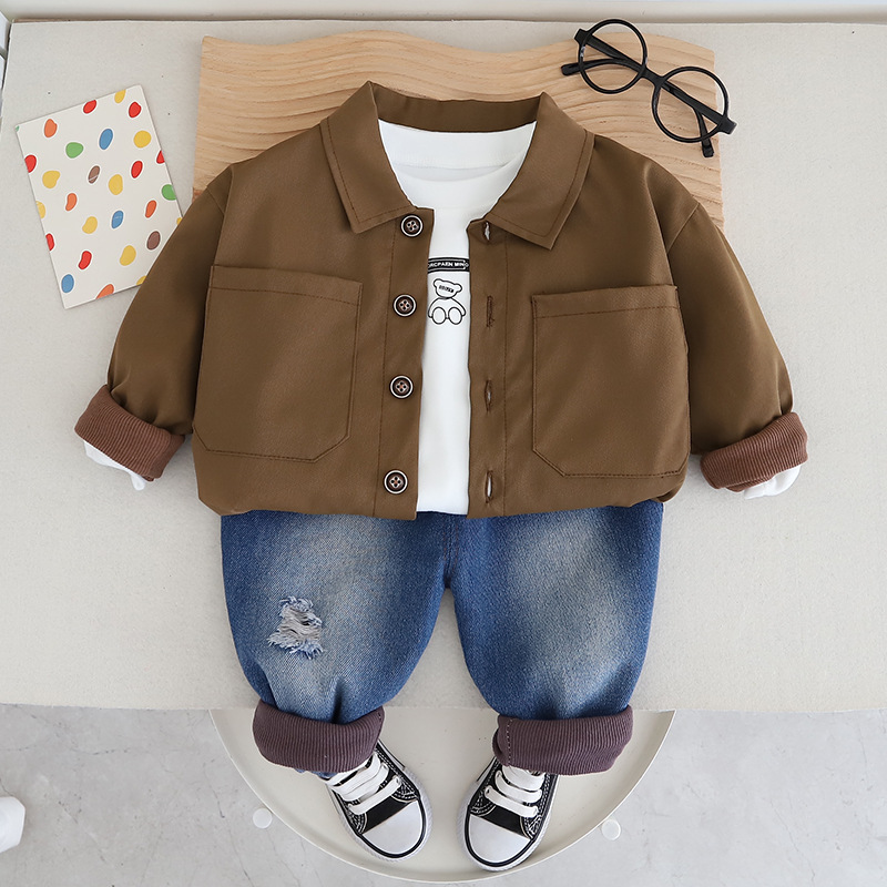 Boys Autumn Solid Color Three-piece Set 2024 New Children Handsome Casual Korean Outer Wear suit Spring and Autumn Children
