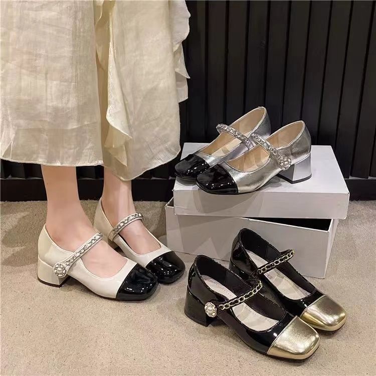 Early Spring Pearl Shoes Retro Chunky Heel Middle Heel Small Leather Shoes Autumn Fragrant Style Mary Jane Shoes Women 2024 New