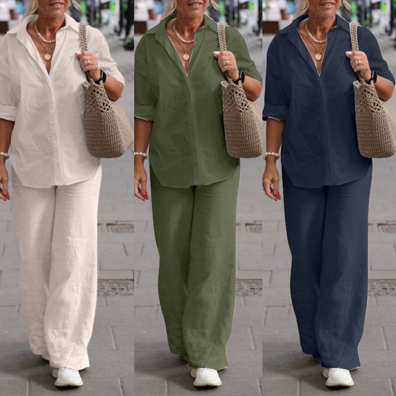 European and American cross-border Women's two-piece set women's 2024 lapel long-sleeved shirt spring and autumn casual solid color pants wide leg suit
