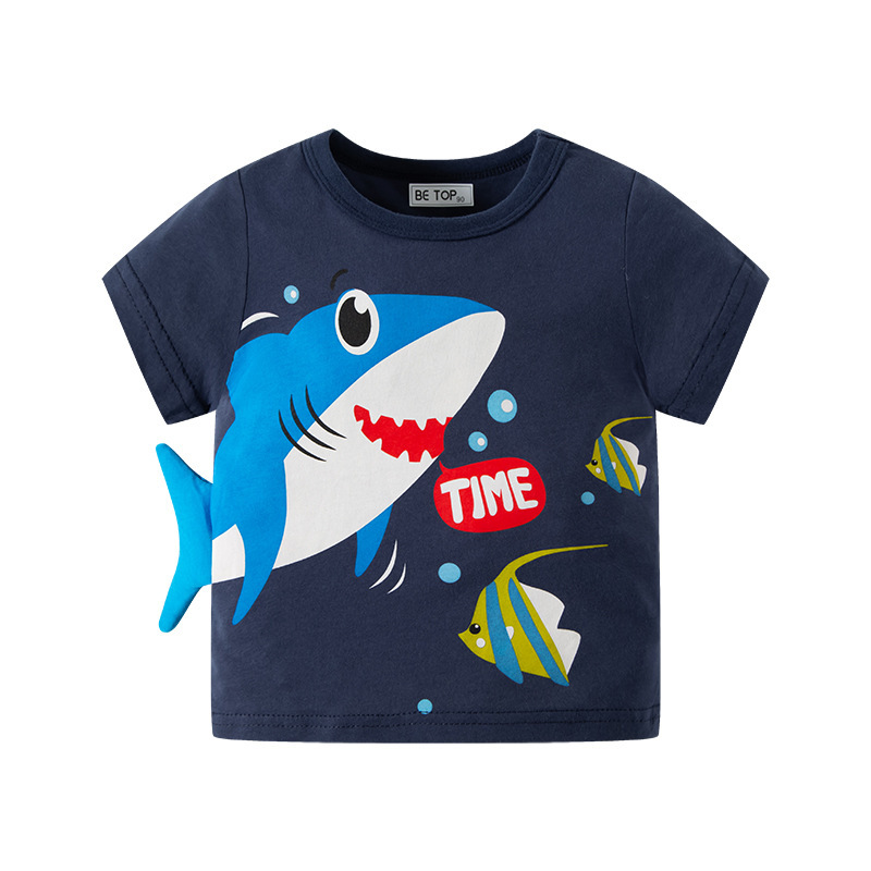 Picture of Customized New Children's Short-sleeved Cartoon Shark Top Boys' Pure Cotton T-shirt Summer Summer Dress One Piece Take Sample