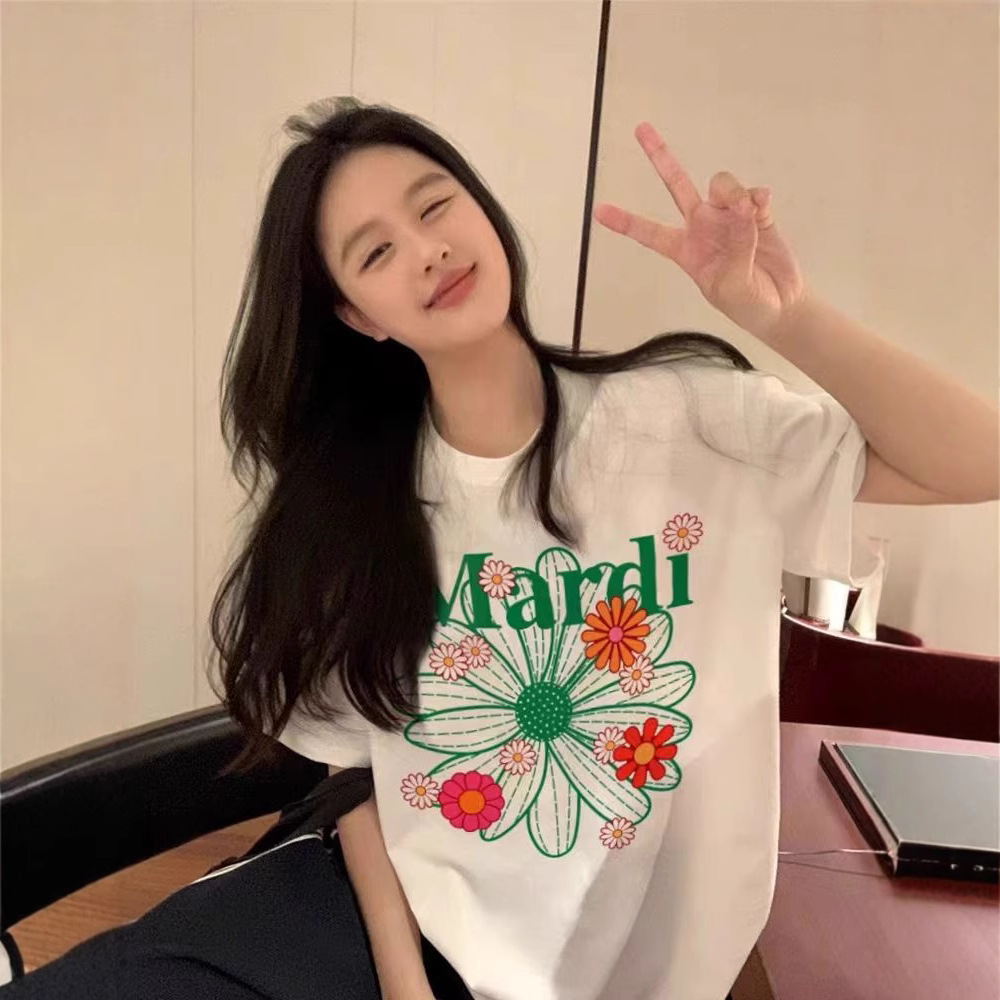 Heavy Cotton South Korea Mardi Short-sleeved Silver Same Style Daisy Print Top Loose Summer T-shirt New Fashionable