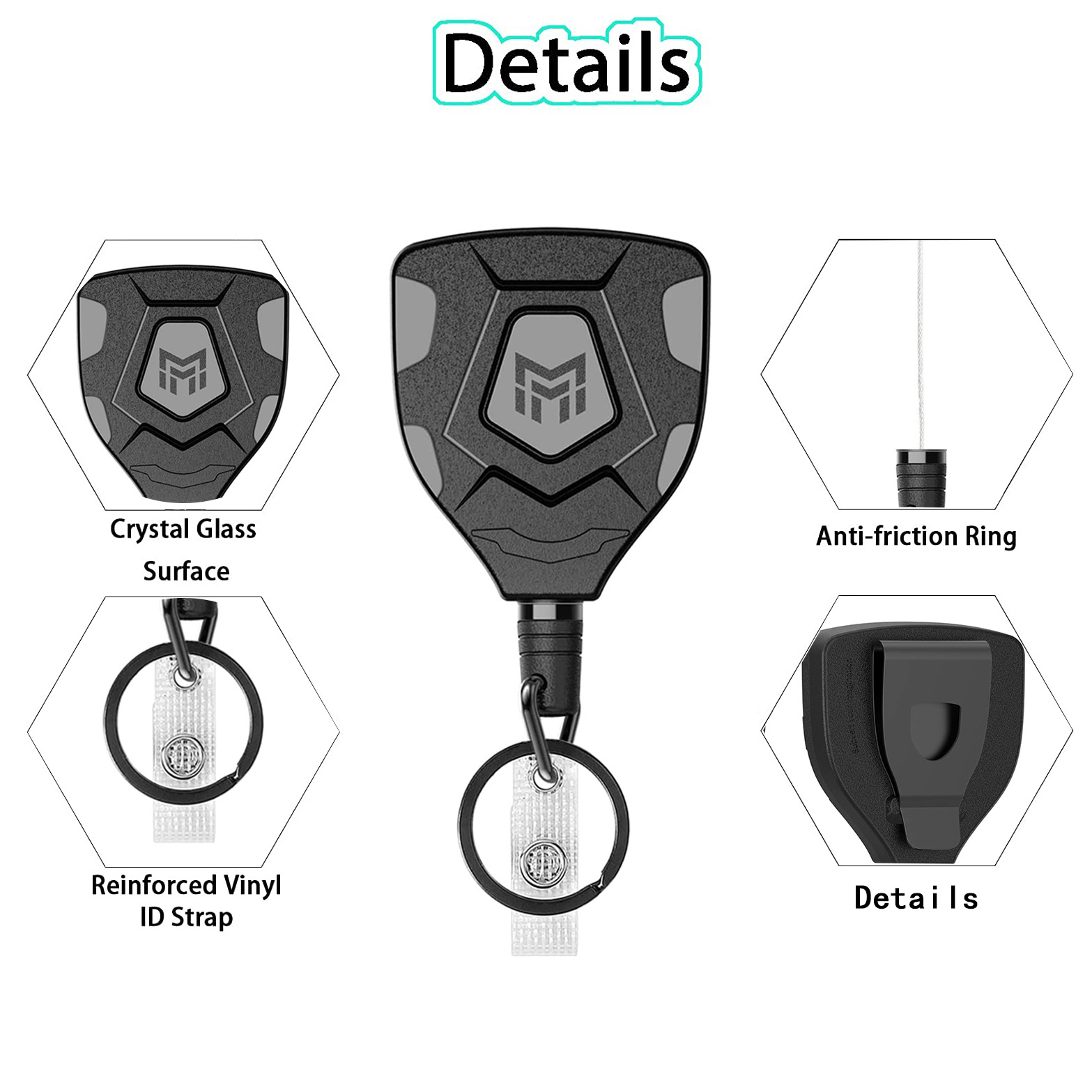 Picture of Heavy Duty Retractable High Stretch ABS Carabiner Black Polygon with Belt Clip ID Keychain