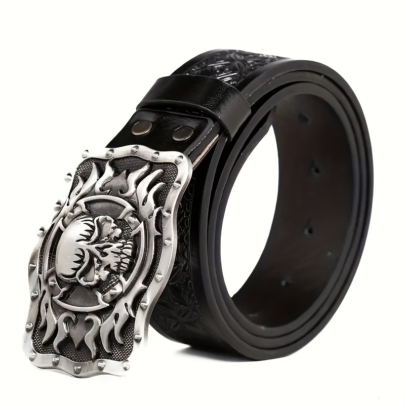 in stock Western Denim Zinc Alloy Large Plate Buckle Belt Vintage Embossed Punk Style Unisex PU Leather Belt
