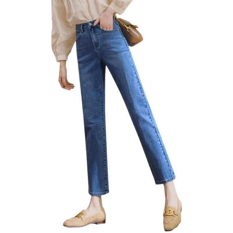 Korean style small straight jeans women's autumn and winter wear retro high waist stretch slim cropped pants Internet celebrity pipe pants
