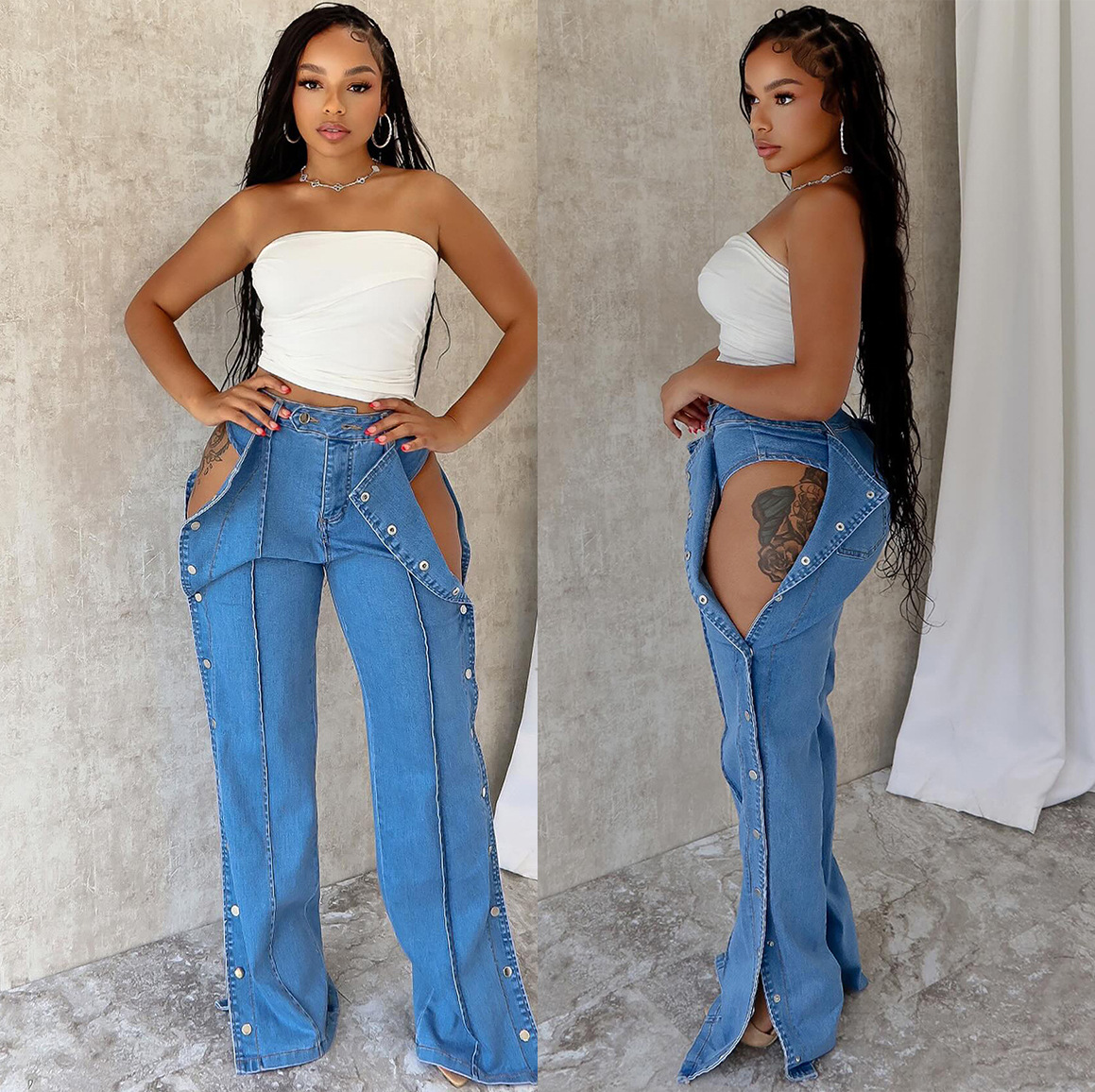 European and American Women's High Waist Jeans Amazon Cross-border Women's Fashion Street Double Side Button Closed Casual Pants