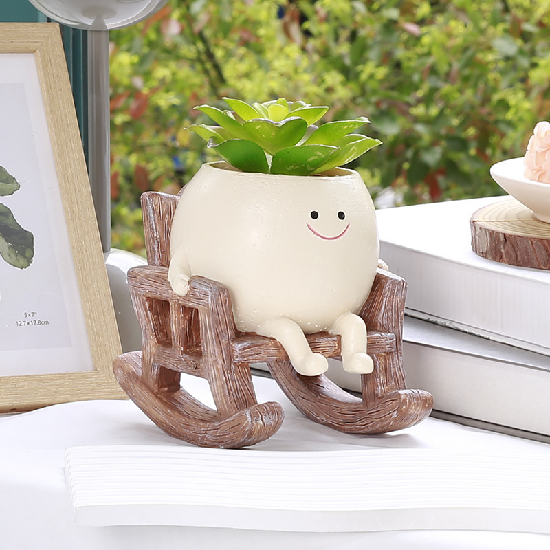 Picture of Creative New Home Office Fleshy Flower Pot Cute Rocking Chair Round Face Sitting Flower Pot Plant Decorative Ornaments