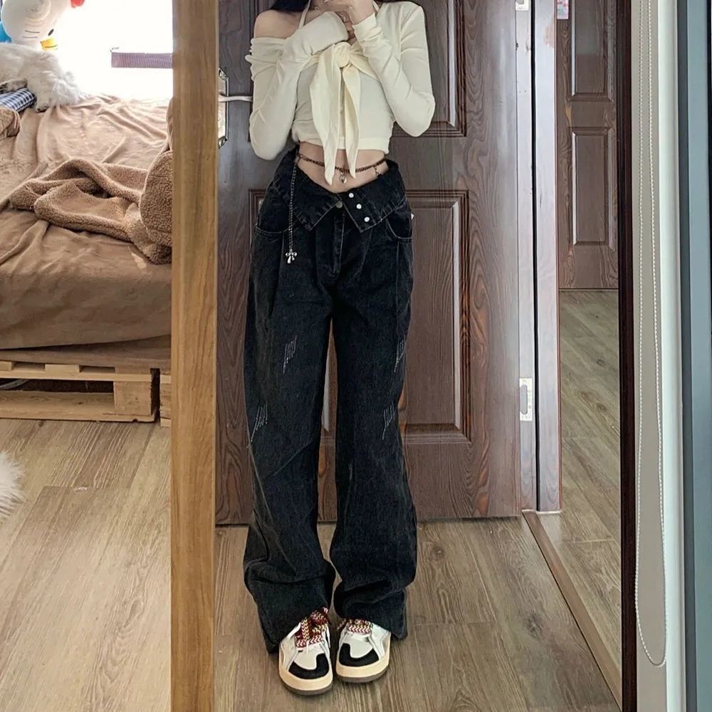 American Style Retro Wide Leg Jeans Women's Autumn New High Waist Slimming Loose Pendant Straight Pants Trendy ins