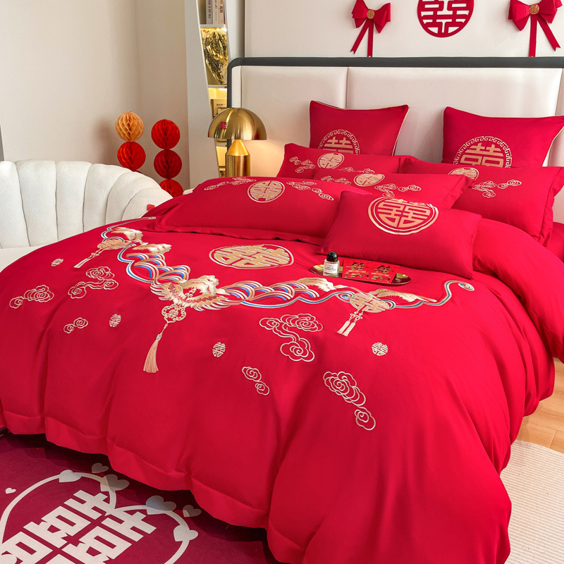 Picture of Comfortable Washed Thickeneded Brushed Wedding Embroider Four-Piece Set Red Wedding Quilt Cover Four-Piece Fitted Sheet Set