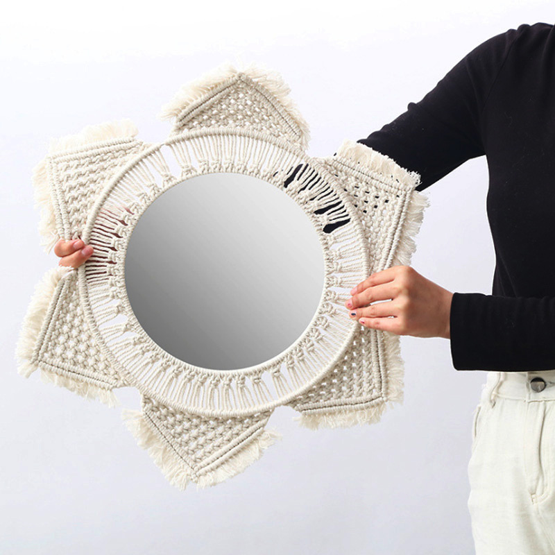 Round tassel wall hanging mirror ins style hand-woven mirror Handmade tapestry cosmetic mirror home decorations