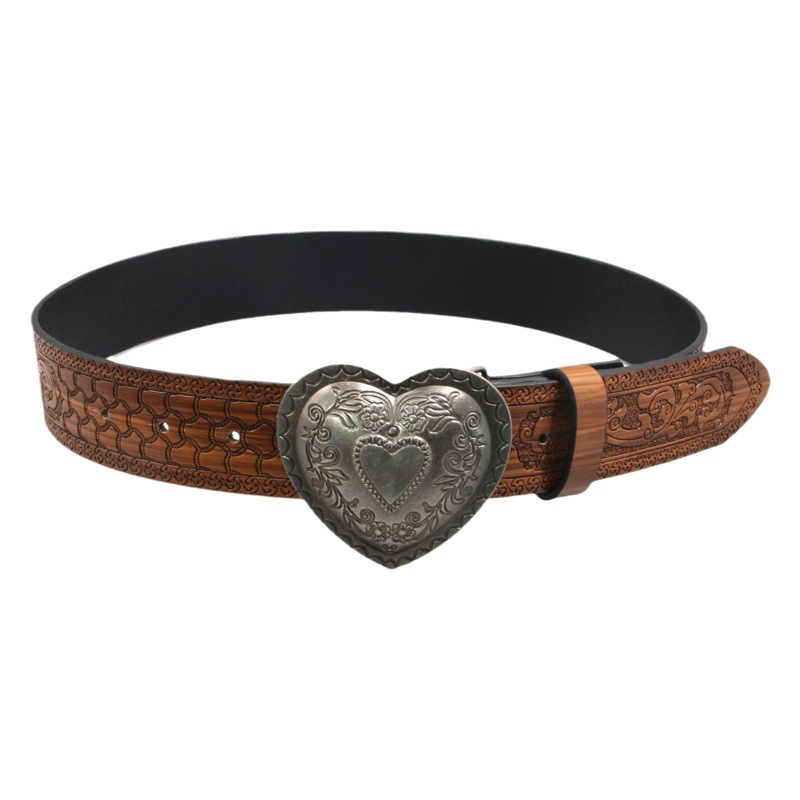 Ancient silver carved heart-shaped buckle belt multi-color embossed vintage punk style foreign trade in stock belt wholesale neutral