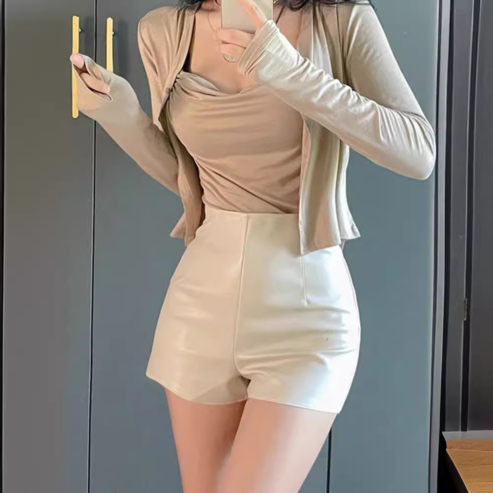 Pure Desire Style Leather Shorts Women's High Waist Slimming PU Leather Hip Tight Super Shorts Sexy Hot Pants All-match Base Boots Pants