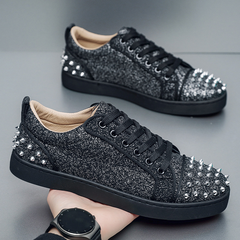 2025 Men's Cl Red Sole Casual Shoes Spiritual Social Guy Sneakers Fashion Trend Rivet Hot Diamond Nightclub Leather Shoes