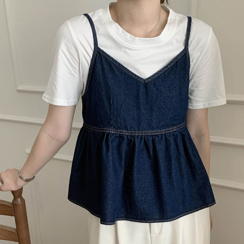 Pleated Design Ruffled V-neck Thin Denim Vest All-match Age-reducing Loose Outer Wear Sling Dark Top for Women