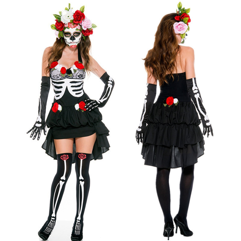8398# Horror skull costume Mexican Day of the dead masquerade costume Flower Fairy Ghost bridal costume