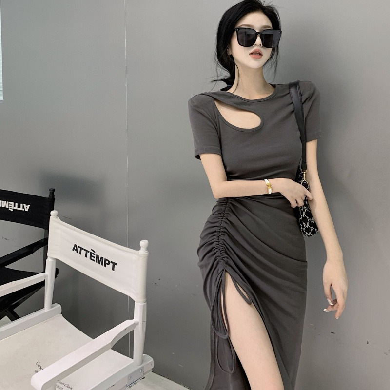 2024 New Slim-fit French Split Mid-length Dress Women's Summer Korean-style Slimming Waist Drawstring Dress Wholesale