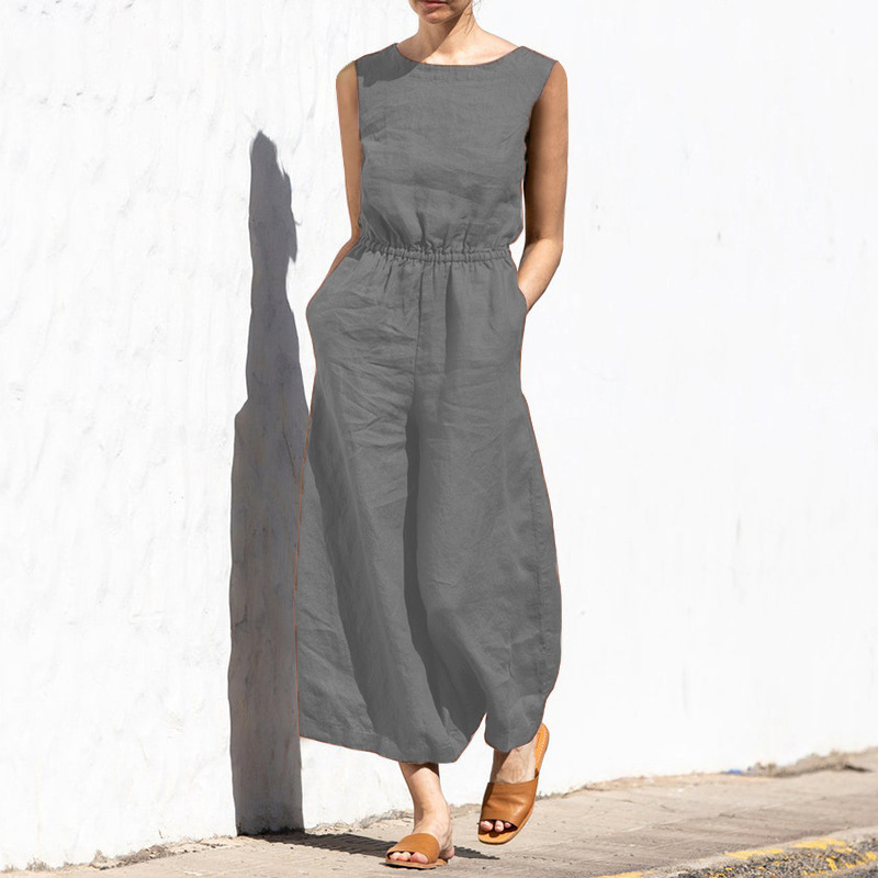 Picture of 2025 Cross-Border European and American Summer Solid Color High-Waisted Sleeveless Long Pants Women's Casual Loose Jumpsuit European and American Style