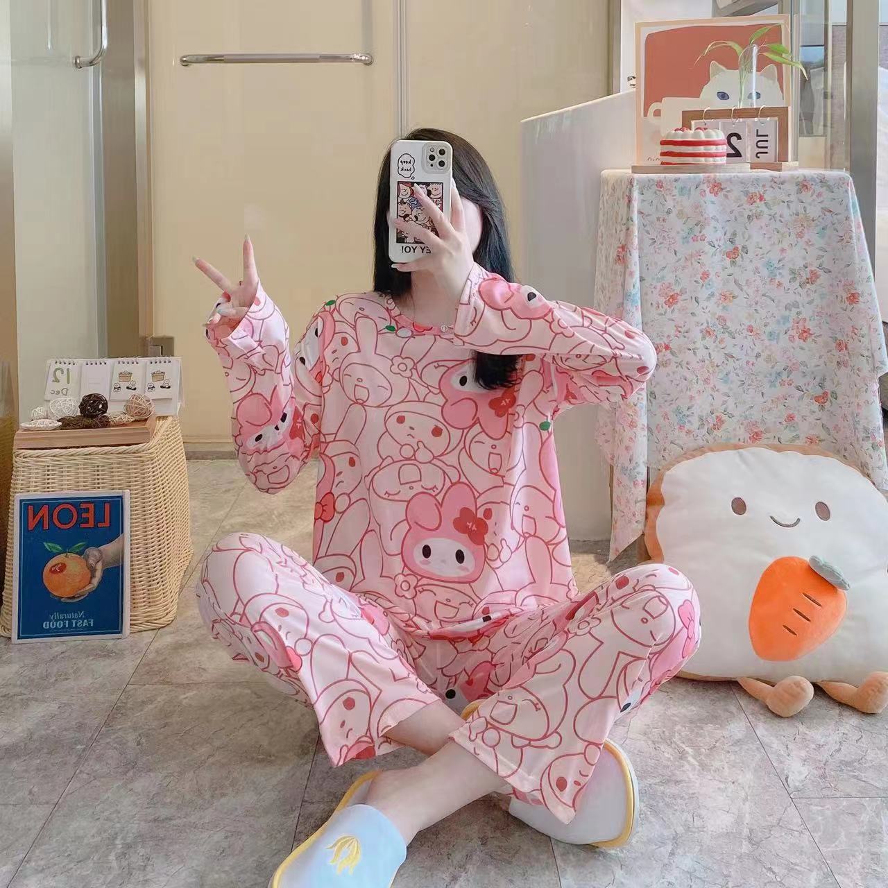 Pajamas women's summer long-sleeved trousers cross-border foreign trade foreign orders Shopee popular cartoon milk silk home wear suit
