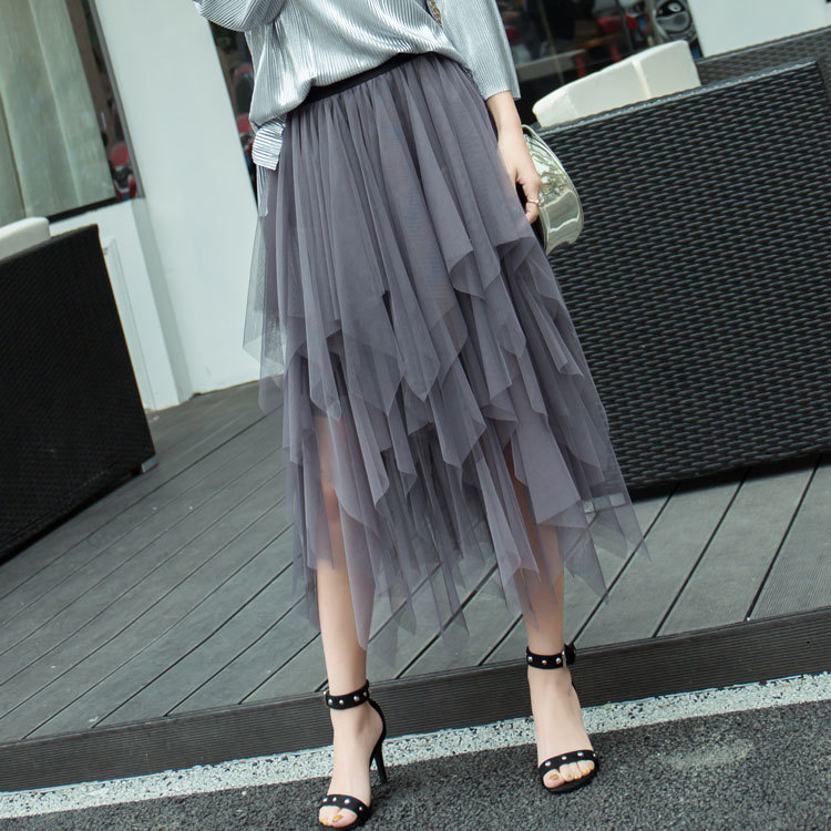 Irregular Mesh Skirt Women's Mid-length 2023 Spring New Veil Skirt High Waist All-match Slimming Skirt
