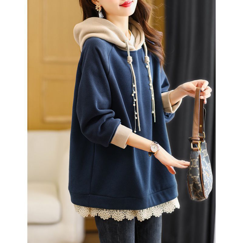 European Station Large Size New Hooded Color Block Sweater Jacket Loose Casual Fat Sister Women's Clothing 2023 Autumn and Winter New Style