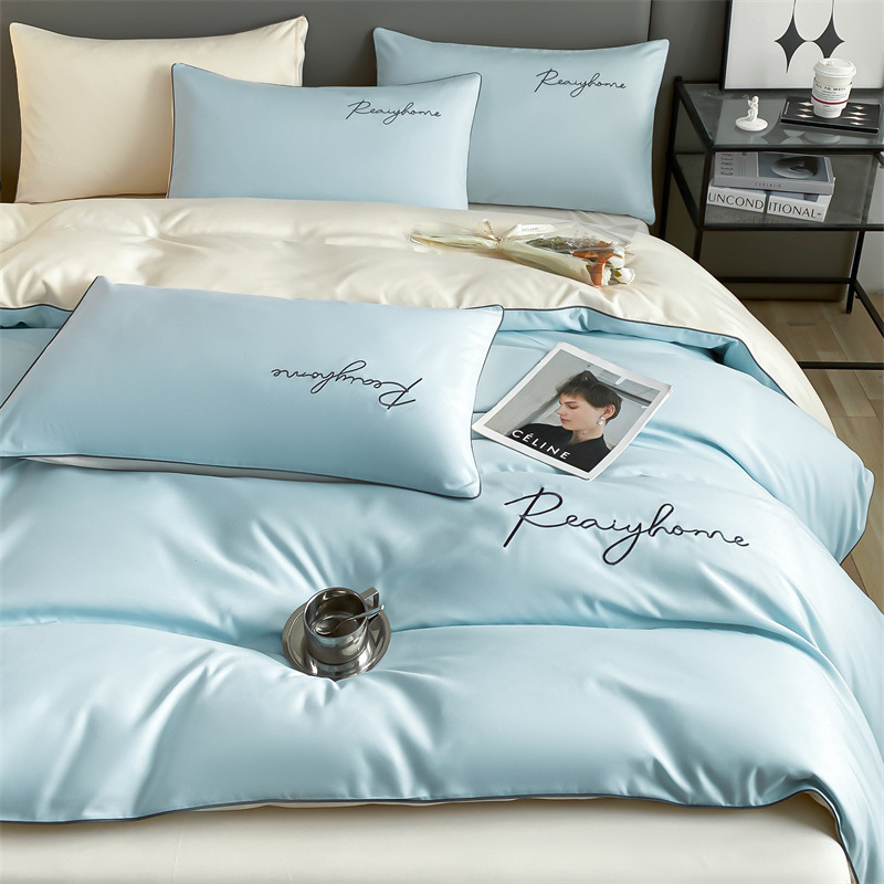 Picture of Solid color double four-piece set of style bed sheets home light luxury quilt cover washed cotton embroidered letter quilt cover three-piece set