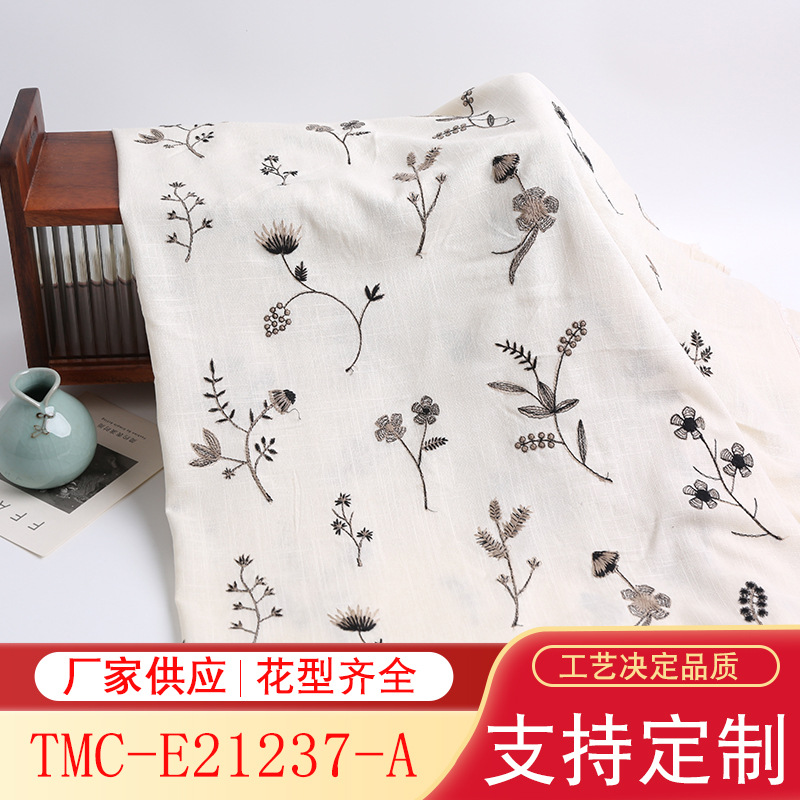 Viscose Linen Plant Embroidery Fabric Dress Tops Pants Fabric Stereo Embroidery Pattern Artistic Linen