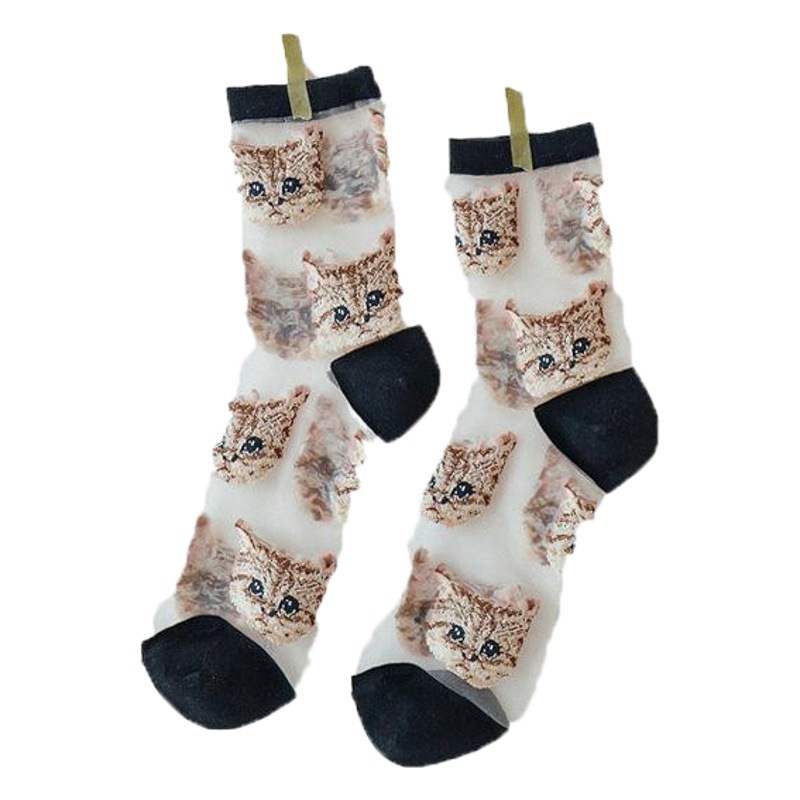 Spring and Summer New Japanese Style Socks Women's Socks Ins Glass Stockings Cute Cat Ladies Mid-Calf Socks Cassette Socks