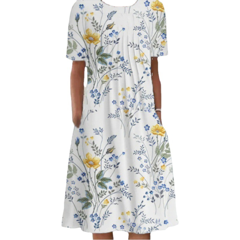 2023 Amazon Temu European and American Large Size Spring and Summer Women's Elegant Large Swing Skirt Round Neck Printed Short-Sleeved Dress