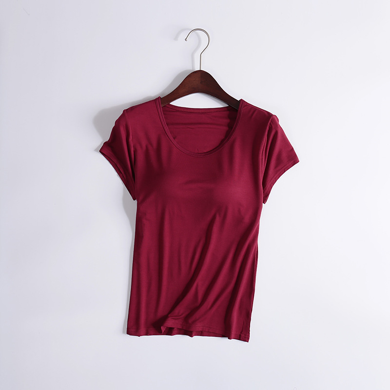Picture of Modal T-shirt Women's Spring and Autumn Solid Color Short-sleeved Bra-free Yoga Bottoming Outer Wearing Cup All-in-one Home Clothes Inner Wearing