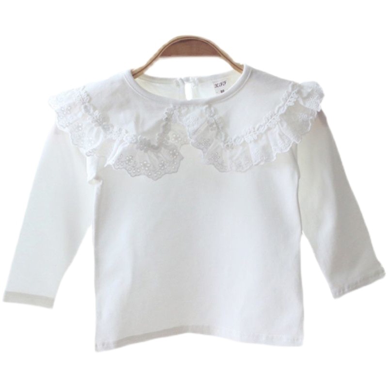 Girls' Doll Collar Long-Sleeve T-Shirt, Autumn Style, Baby White Base Shirt, Versatile Children's Top, Available for Wholesale