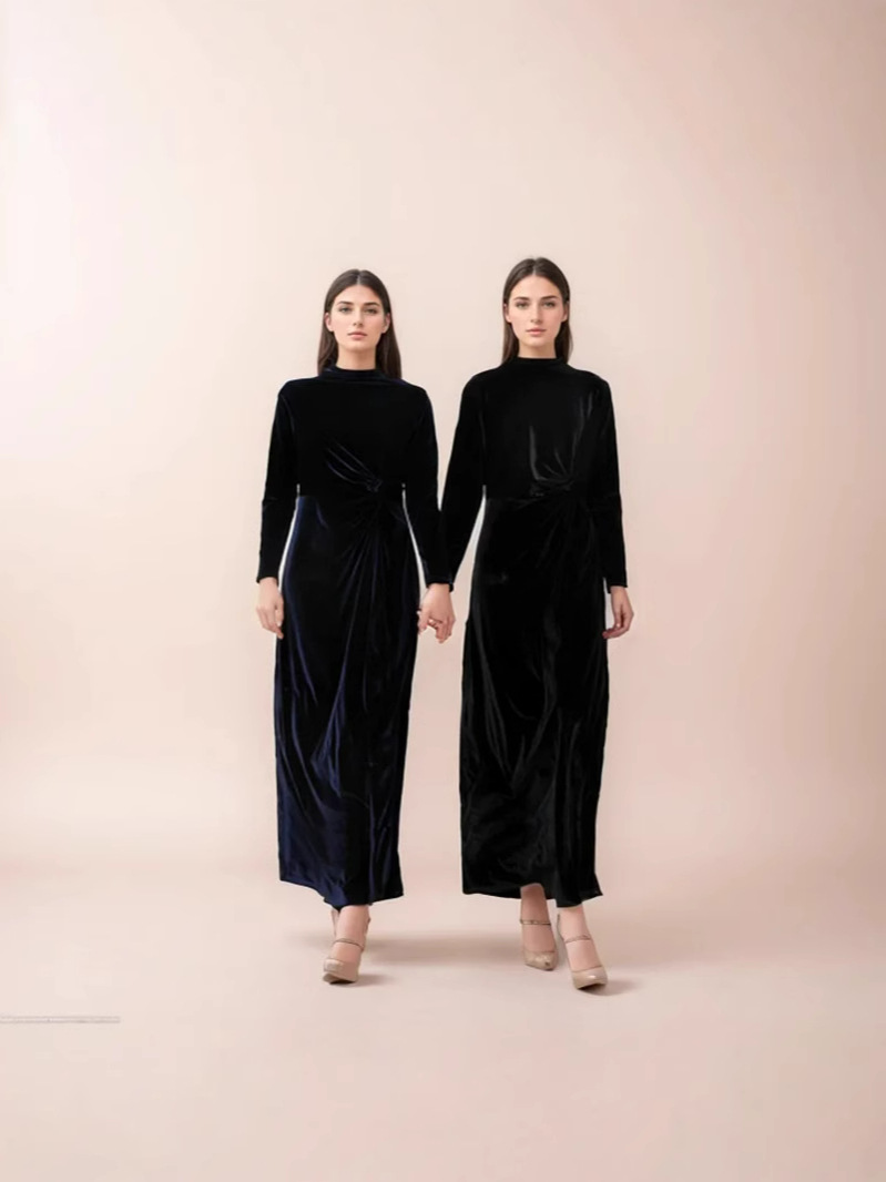 2024 Amazon Women's New dress Solid Color Long Sleeve Elegant and Elegant Gown with Knot