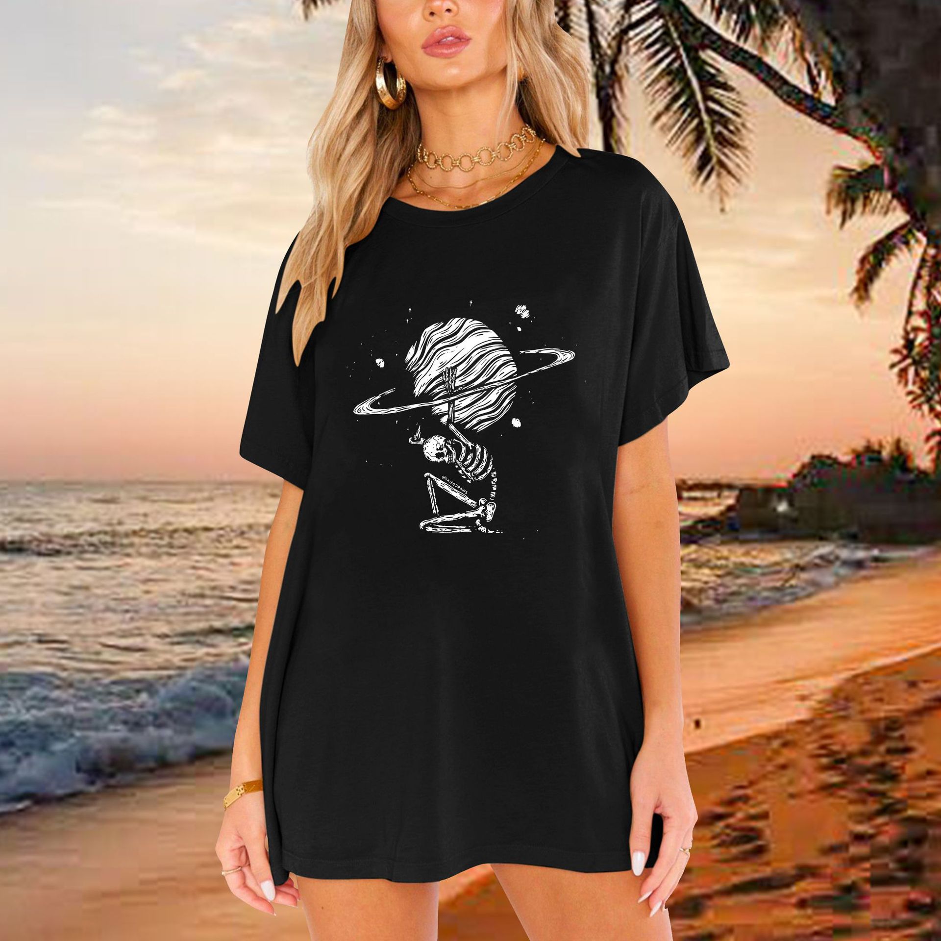 Cross-border Spring New shirt Shoulder Skull Moon T-shirt Loose Pattern Women's T-shirt