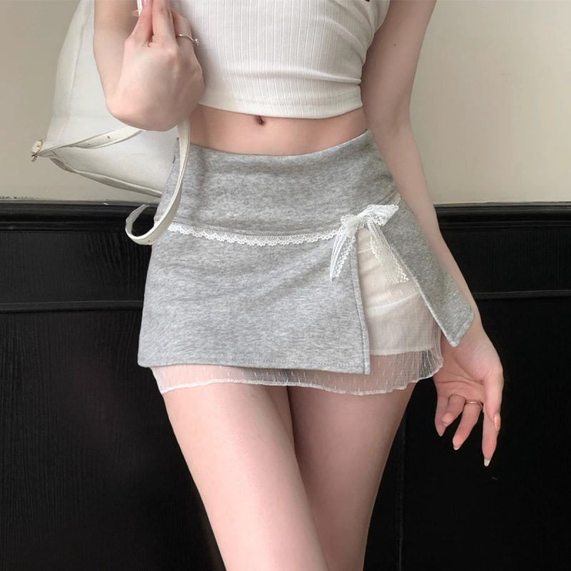 Hot Girl Ultra-Short Skirt Lace Splicing Bow Hip-Covering Skirt Women's Summer Anti-Exposure High-Waisted A-Line Culottes