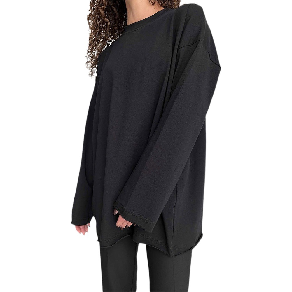 Pure Cotton T-Shirt Women's European and American Cross-Border 2025 Spring New Loose Pure Color Oversize Round Neck Long-Sleeved T-Shirt