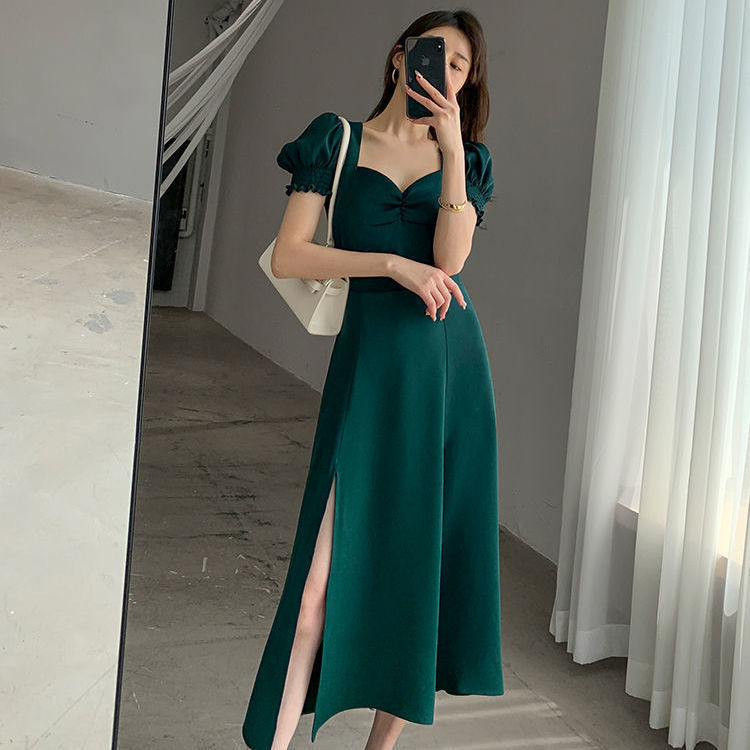 Dress Women's Long Dress 2022 Summer New Puff Sleeve Square Collar Hepburn Style French Sweet Retro A- line Split Dress
