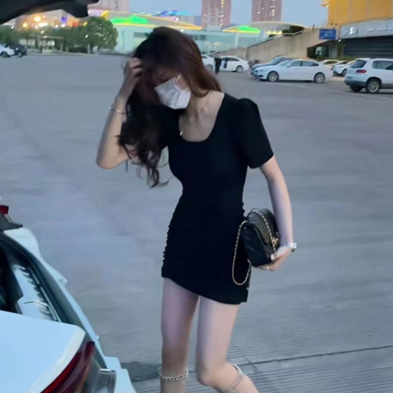 Black Short-sleeved dress Women's 2024 Summer New Design Hollow-out Elegant High Waist Slim-fit Hip Skirt